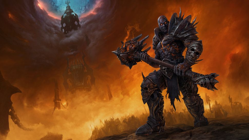 Man like creature against a fantasy wildfire background holding a weapon