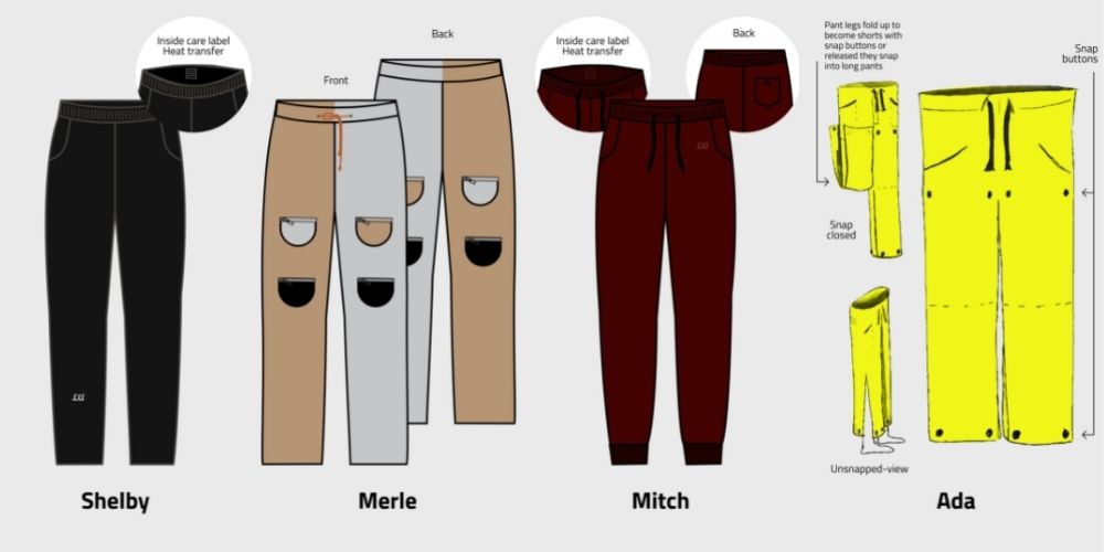 4 different styles of lounge pants - one black, one dual colored, one in maroon and another in yellow 