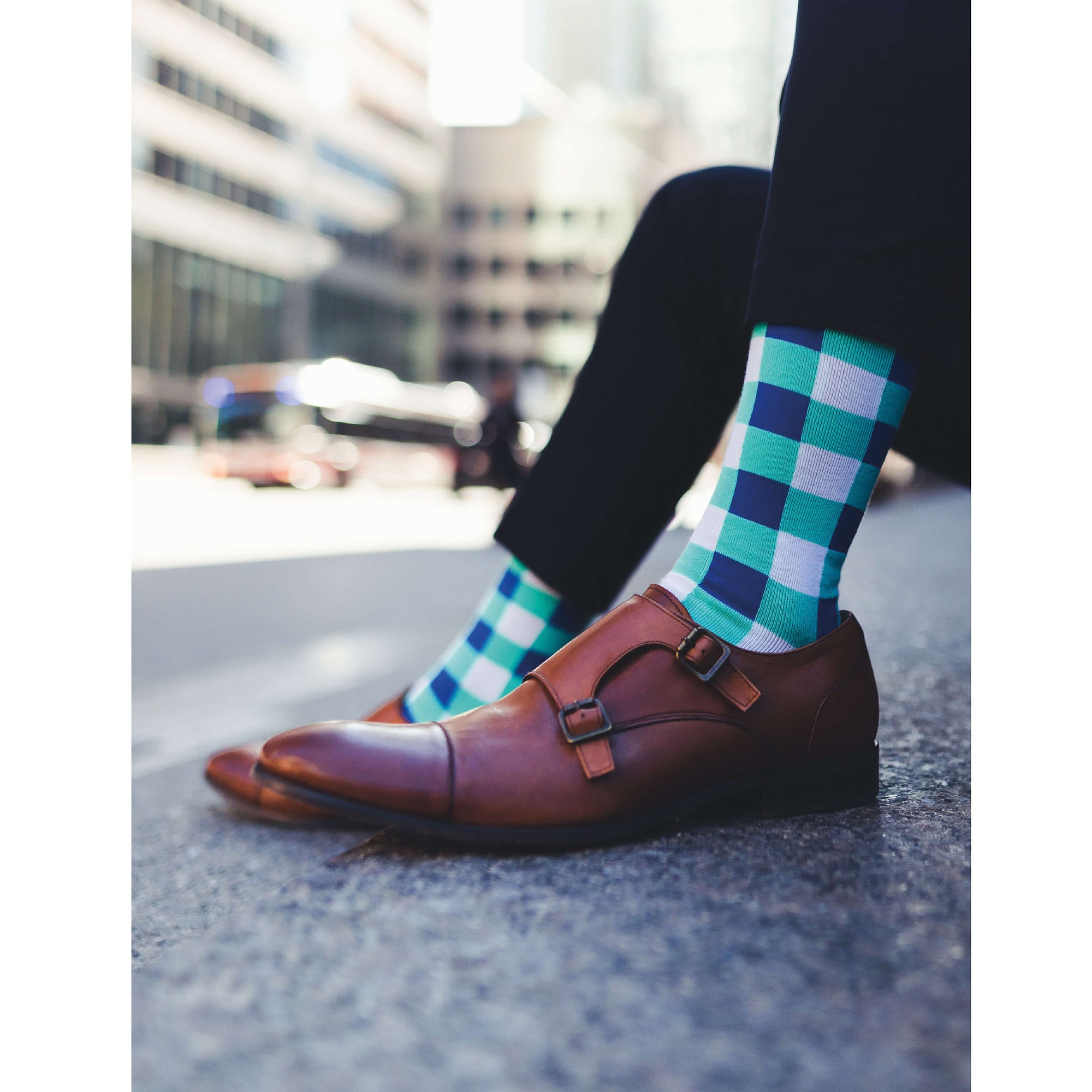 Regal - Teal & Blue Checkers Pattern Bamboo Dress Sock - Flyte Socks Inc