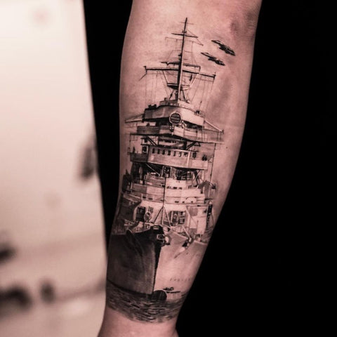 Tattoo tagged with: black and grey, big, watercraft, travel, facebook,  twitter, inner forearm, warship, sergiogonzalez | inked-app.com