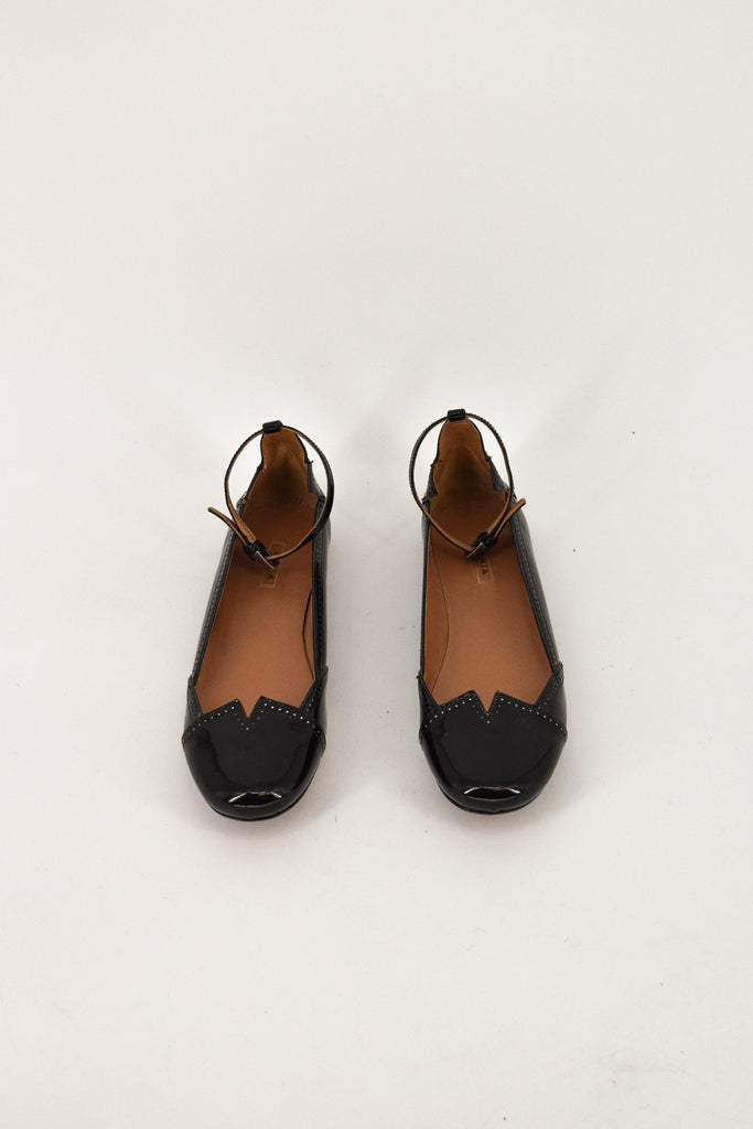 black ballet flats with ankle strap