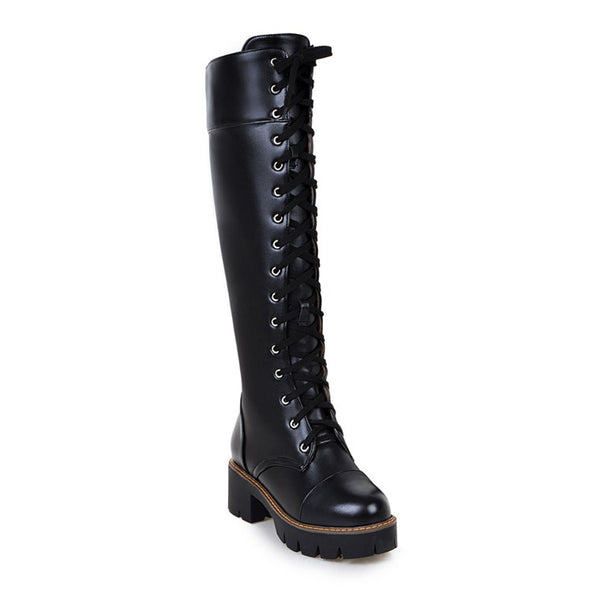 knee high black lace up combat boots