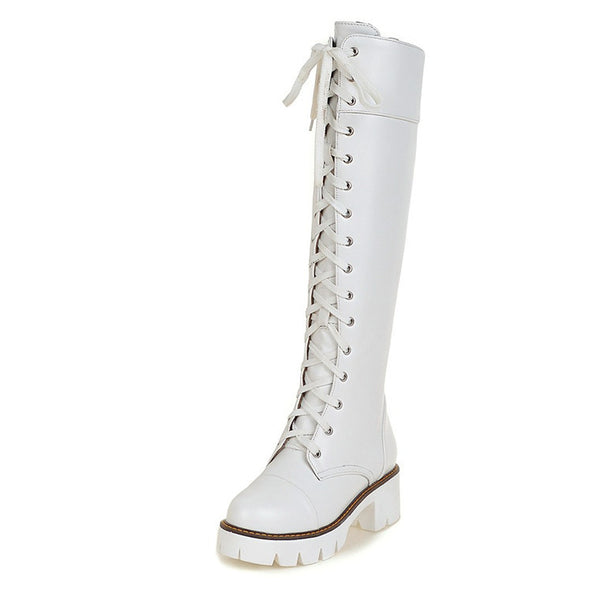 white knee high lace up boots