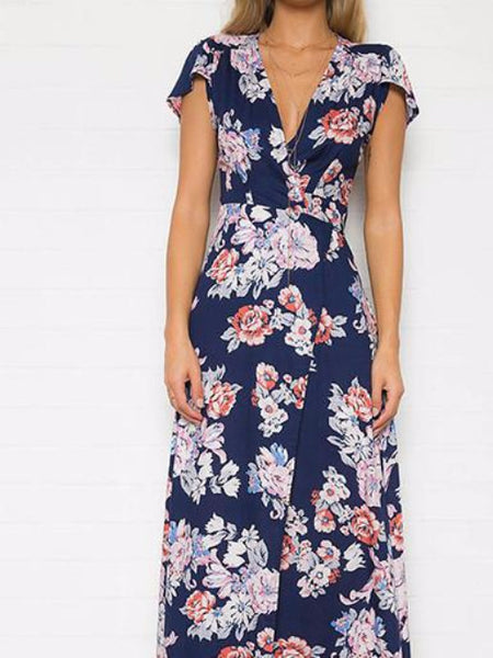 Navy Floral Cap Sleeve Maxi Dress | SilkOverMilk