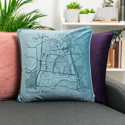 velvet map cushion in blue