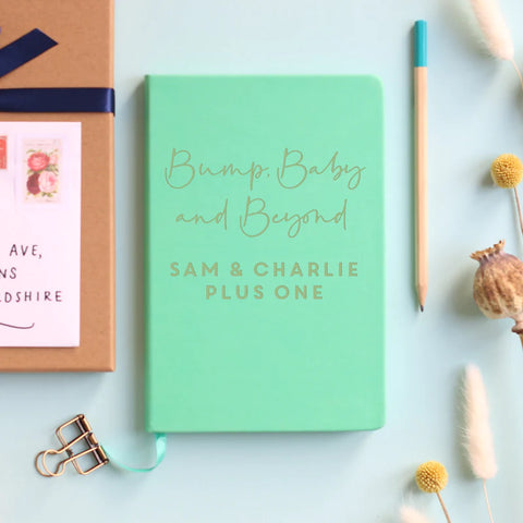 Bump, baby and beyond personalised journal in fresh green.