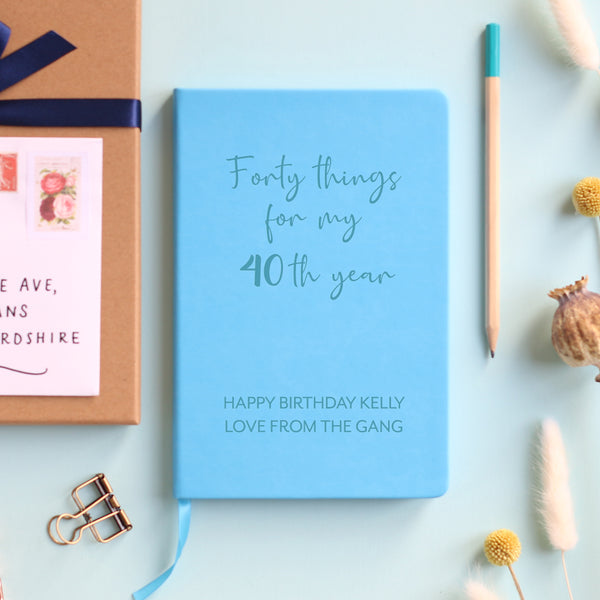 40 things for your 40th year notebook in pale blue with added personalisation