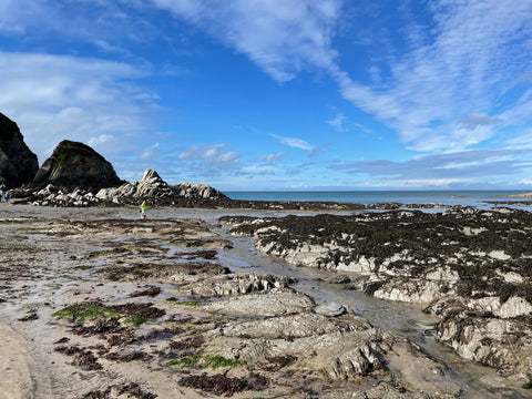 devon beach with bright blue late summer sky