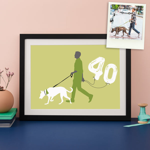 40th birthday framed silhouette of man walking dog with 40 age balloons