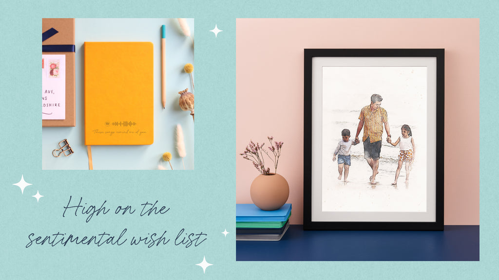 A family portrait of Dad and two kids digitally mastered to look like a watercolour painting sits alongside a yellow notebook engraved with a Spotify code and the phrase "These songs remind me of you"
