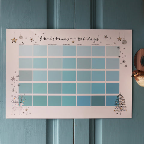 blues and turquoises blend together on this Christmas holidays wall planner