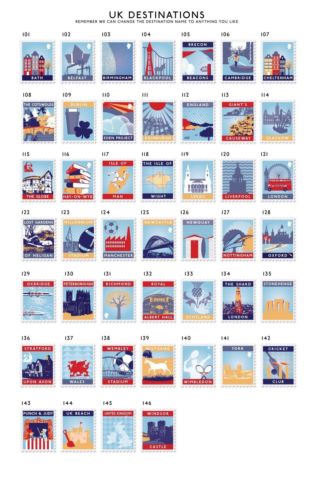 Personalised Stamp Art Destination Print 16 Stamps Gift By Betsy Benn