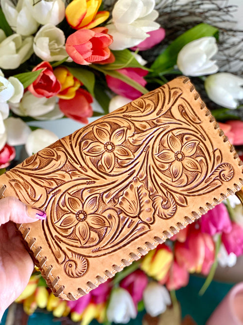 The Sunflower Cowgirl Tooled Clutch Wallet