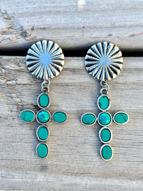 Turquoise Posts, Oval Conchos, Spindly Fringe Earrings