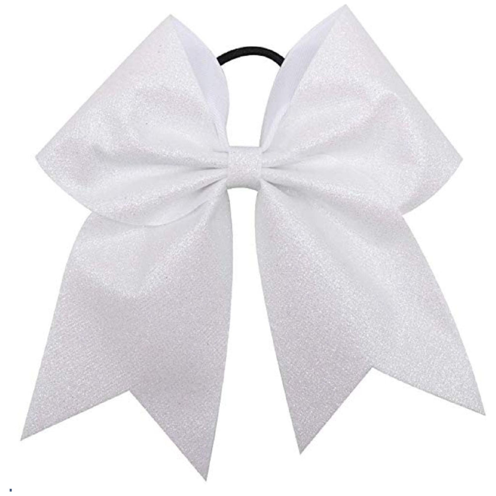 White Glitter Cheer Bow for Girls Large Hair Bows with Ponytail Holder Ribbon