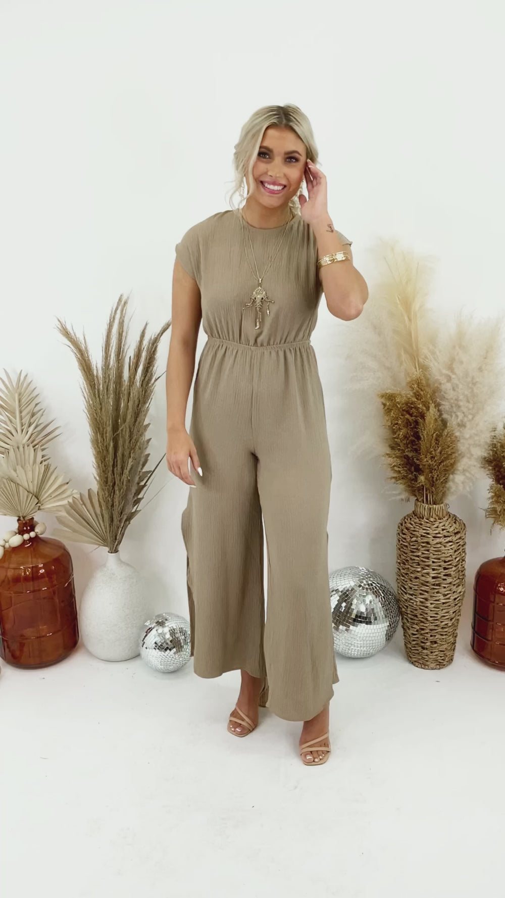 To The Tropics Jumpsuit, Taupe