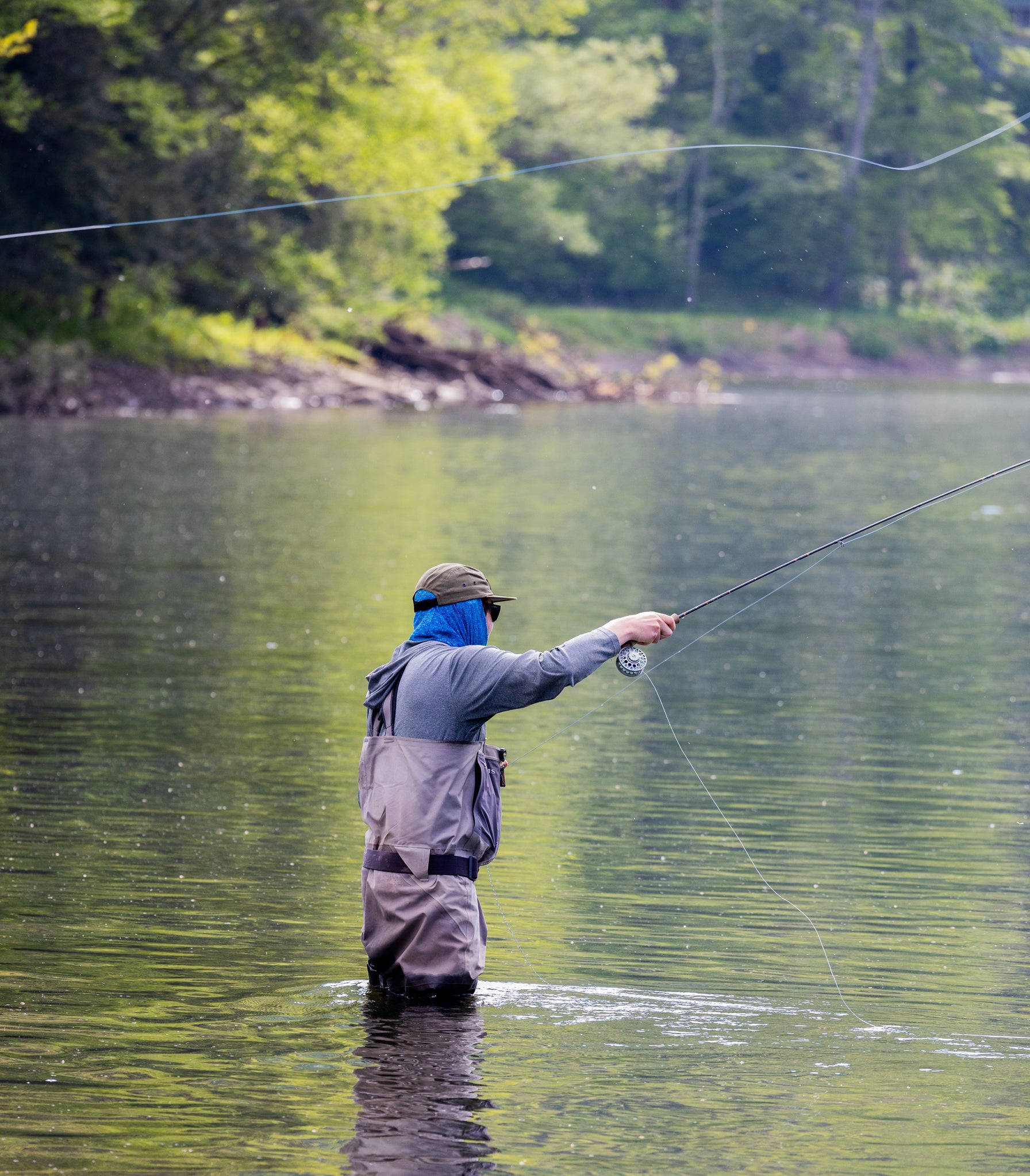 Fisherman casting out his line while dry fly fishing