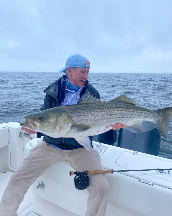 Paul Dixon sosteniendo una lubina rayada en su barco, con una caña de mosca en su regazo.