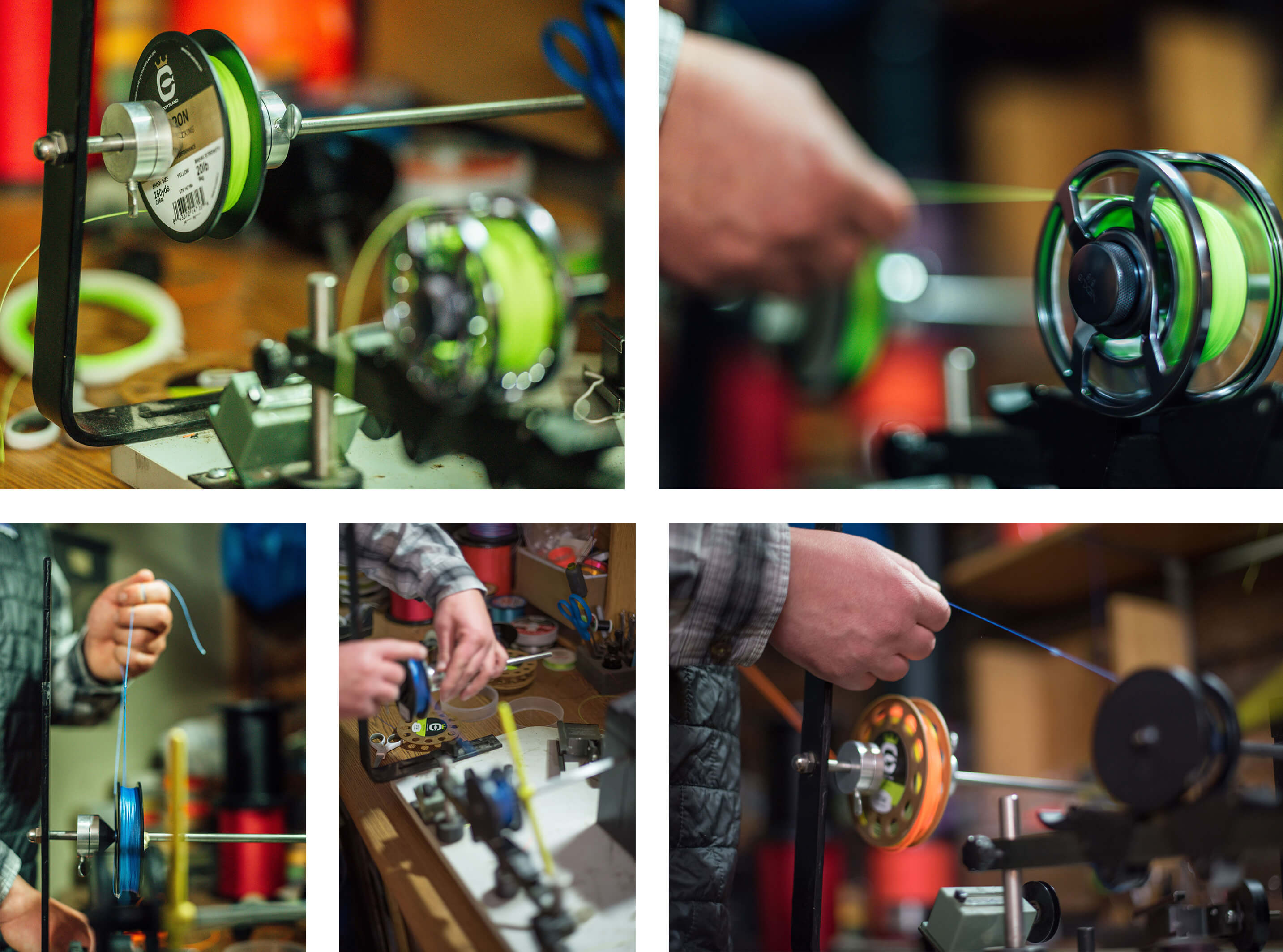 A collage of an individual setting up their reel with Cortland's Micron Fly Line Backing