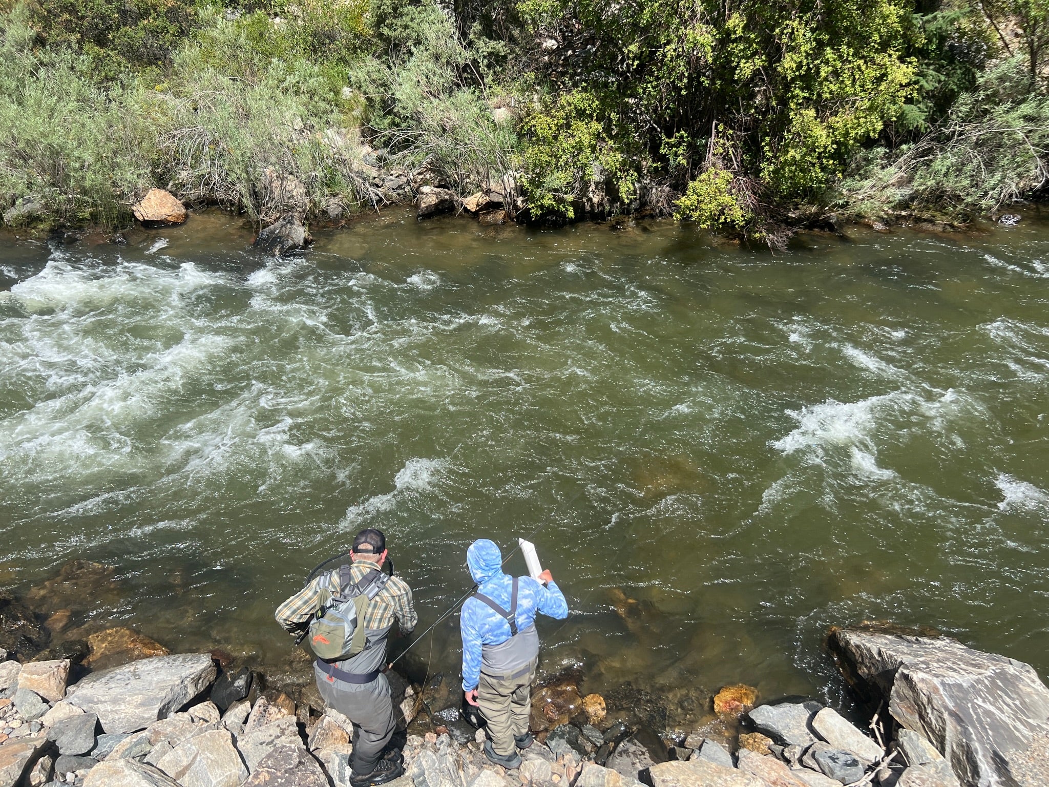 Dos pescadores pescan con mosca, mientras están parados en la orilla de un río.