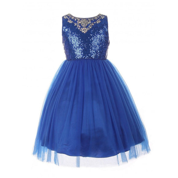 LITTLE GIRLS ROYAL BLUE DRESS SEQUIN RHINESTONE SATIN TULLE FLOWER GIR ...