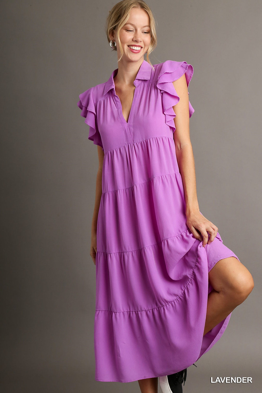 UMGEE A Line Tiered Ruffle Sleeve Midi Dress Lavender