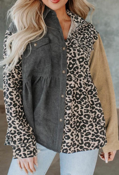 Corduroy Leopard Color Block Shirt Jacket