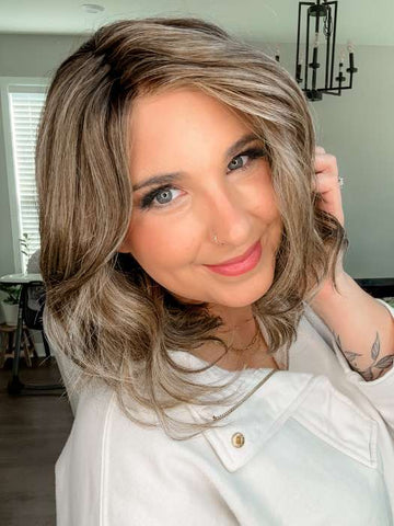 Danielle Sells @wighair_dontcare wearing BELLA VIDA by RAQUEL WELCH WIGS in color RL9/24SS SHADED ICED CAFÉ LATTE | Dark Brown shaded with Golden Brown