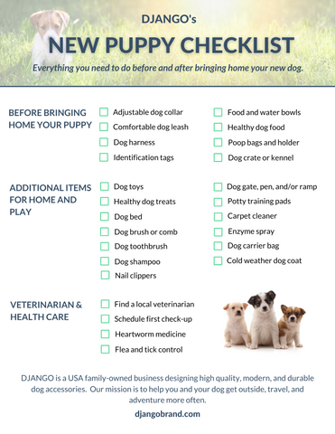 DJANGO New Puppy Checklist Free Printable Downloadable PDF - djangobrand.com