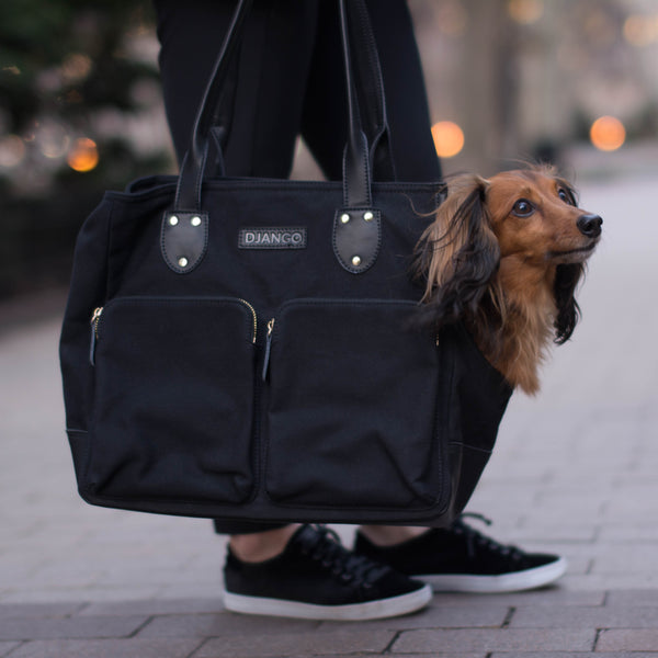 The DJANGO Pet Tote - Waxed Canvas & Leather Dog Carry Bag - Black