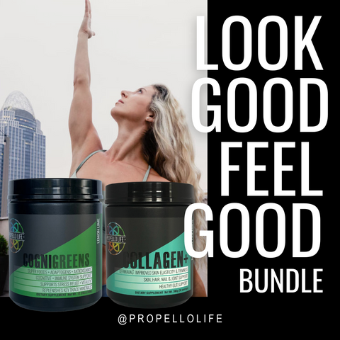 Propello Life's Look good feel good product bundle consists of cognigreens and collagen coffee creamer protein powder