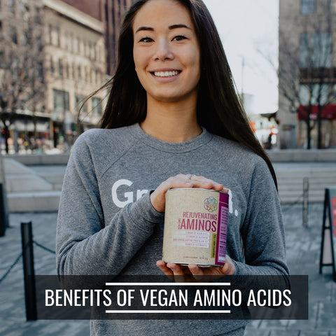 Image of a woman holding a canister of Propello Life Rejuvenating Aminos for a blog titled benefits of vegan amino acids
