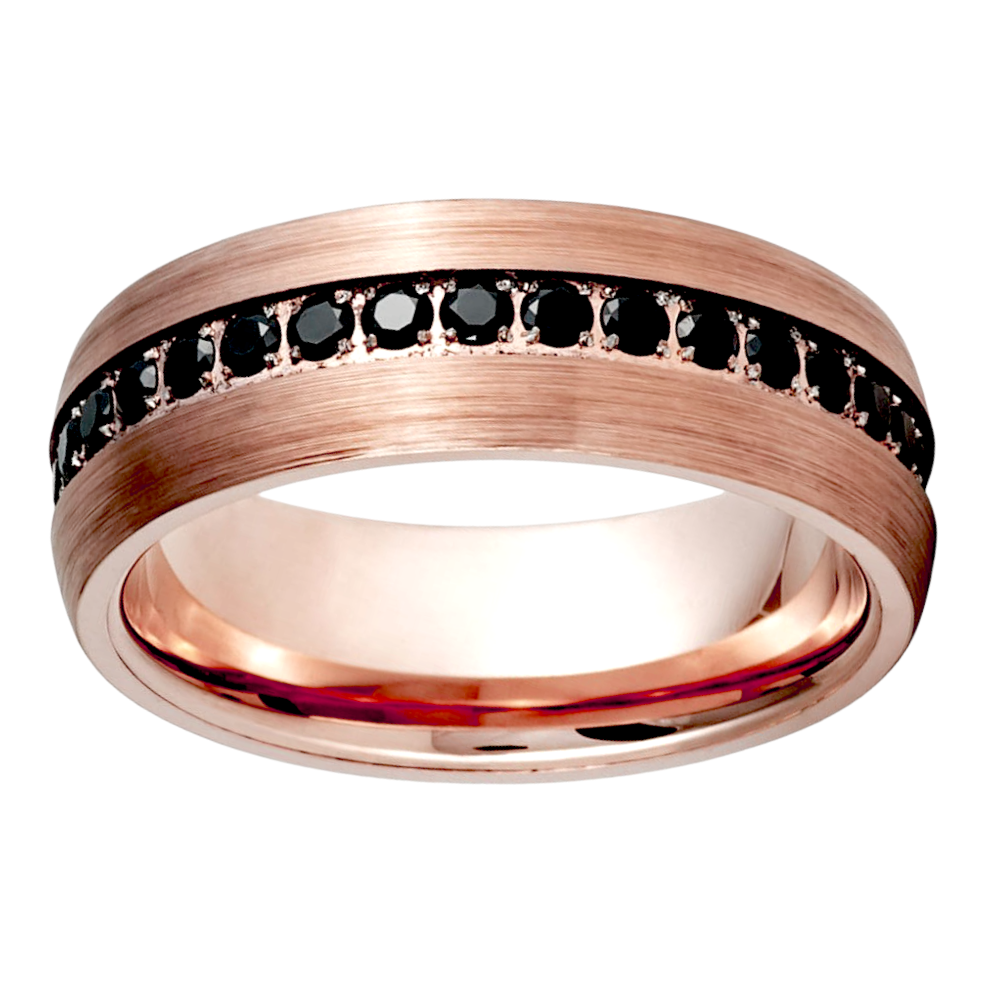 Satin Brushed Rose Gold IP Tungsten with Black CZ Stones Eternity Wedding Band