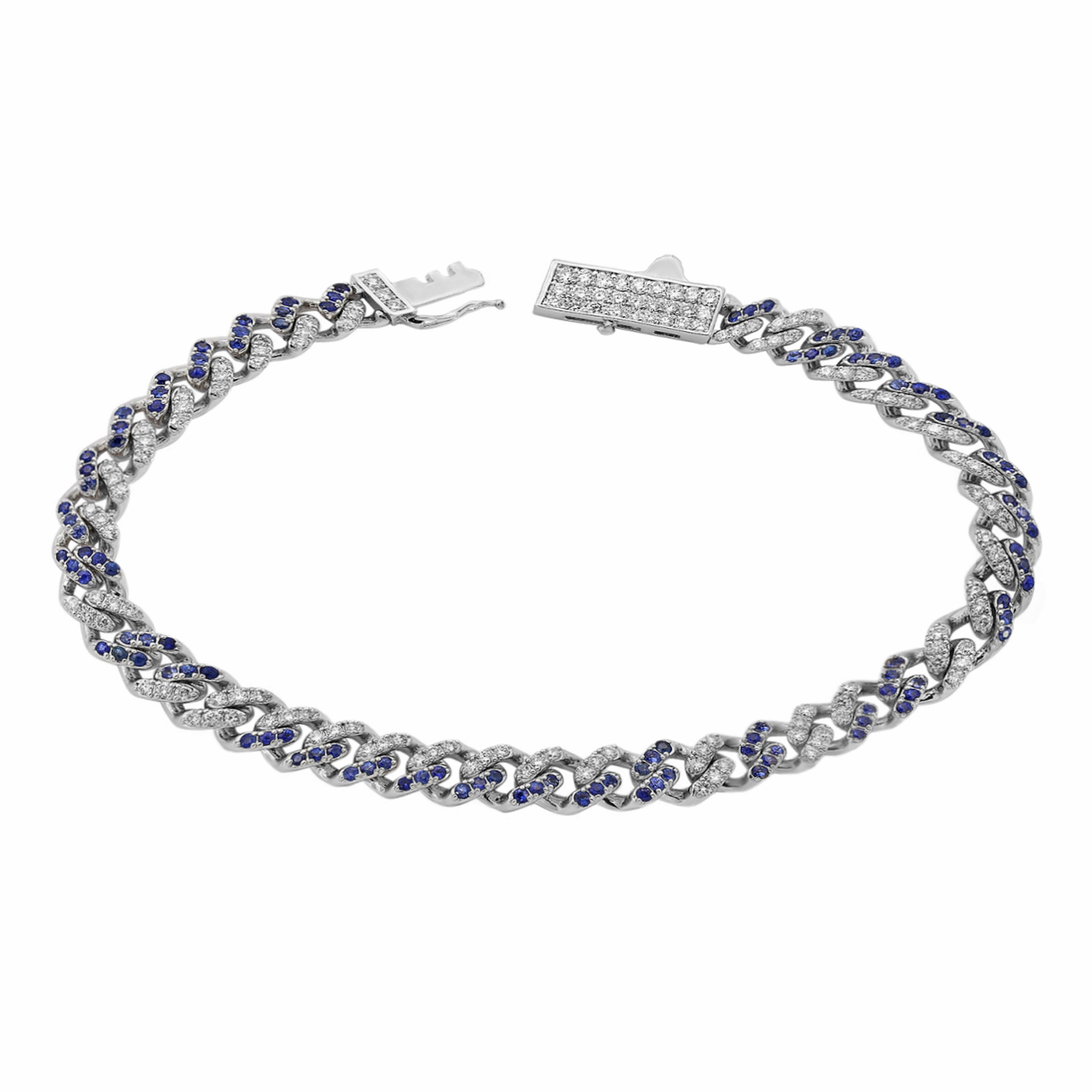 2.63tcw Diamonds & Sapphires in 14K White Gold Miami Cuban Chain Bracelets 7"