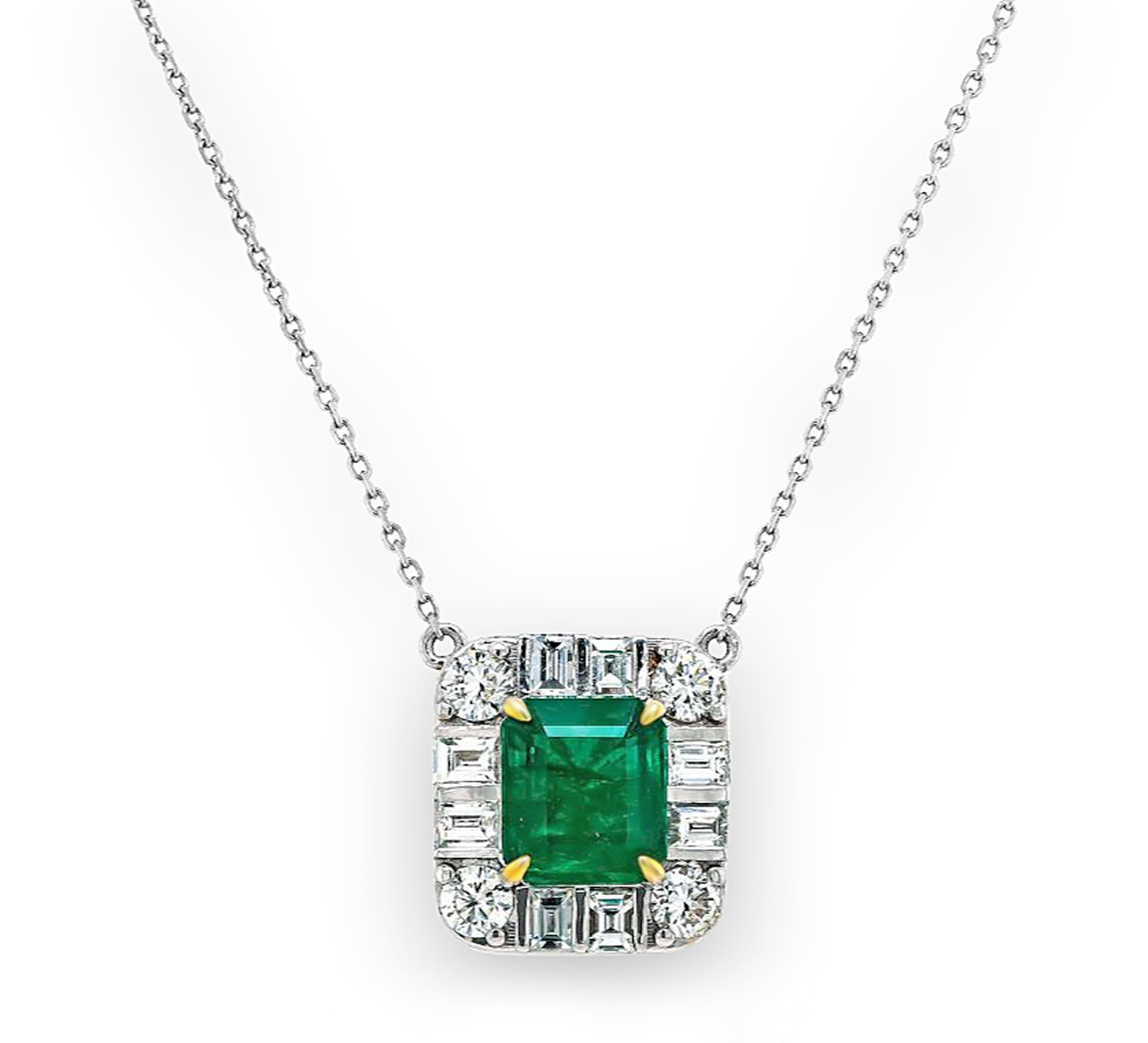 3.31tcw Emerald witn Diamonds in 18K White Gold Necklace 18"