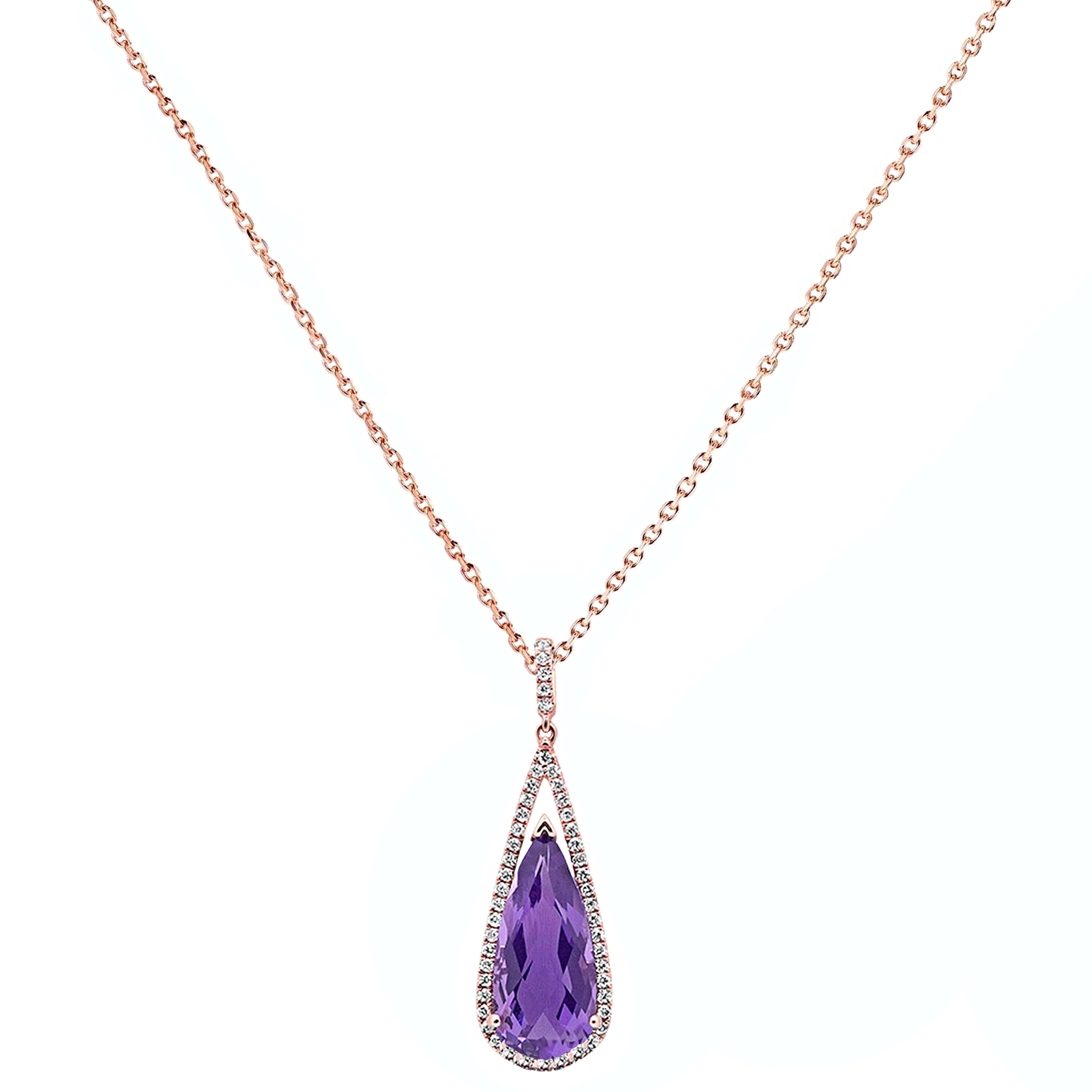 7.51tcw Pear Amethyst with Diamonds in 10K Rose Gold Dangle Drop Pendant Necklace 18"