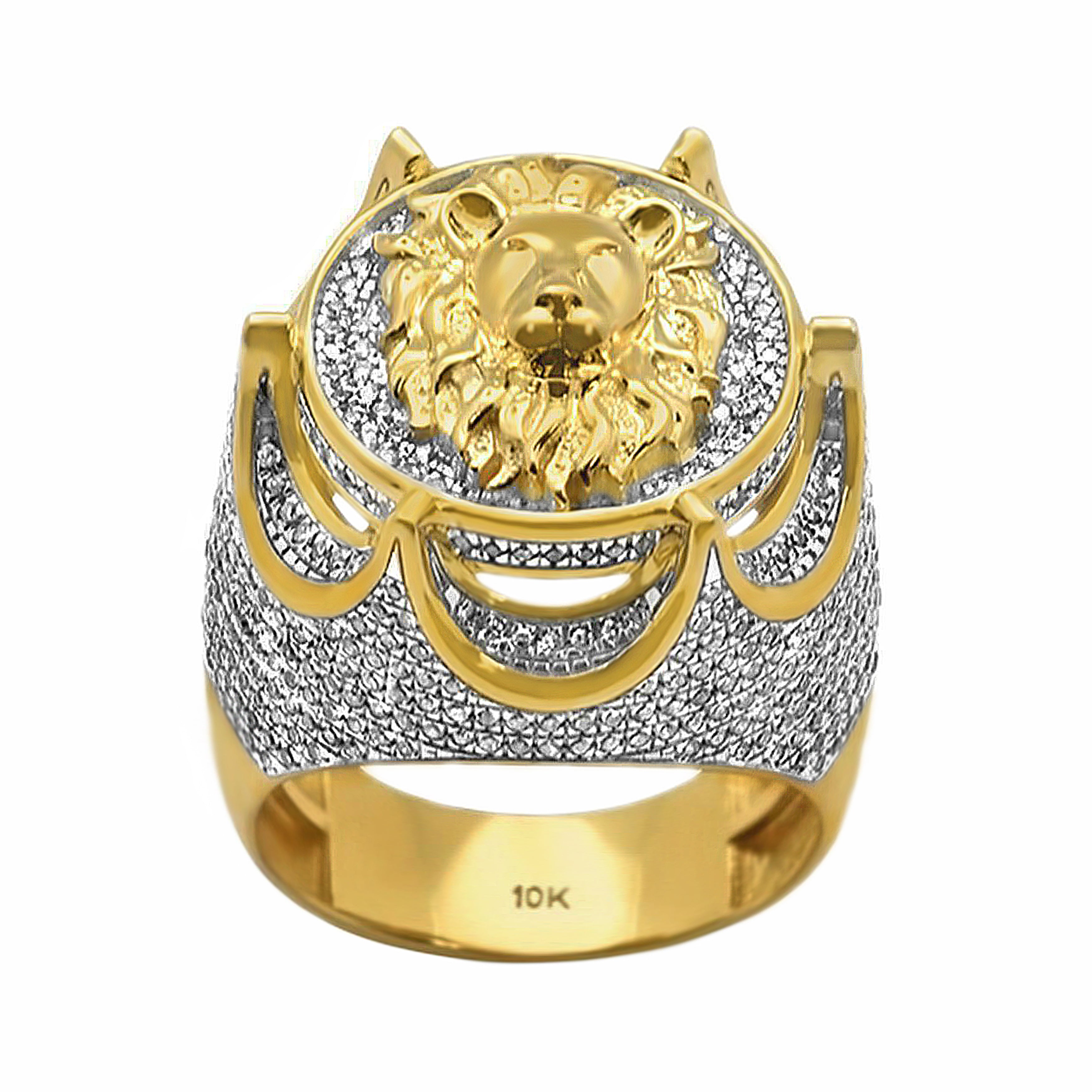 1.44ct Pav茅 Diamonds in 10K Yellow Gold Crown Lion Signet Men's Ring