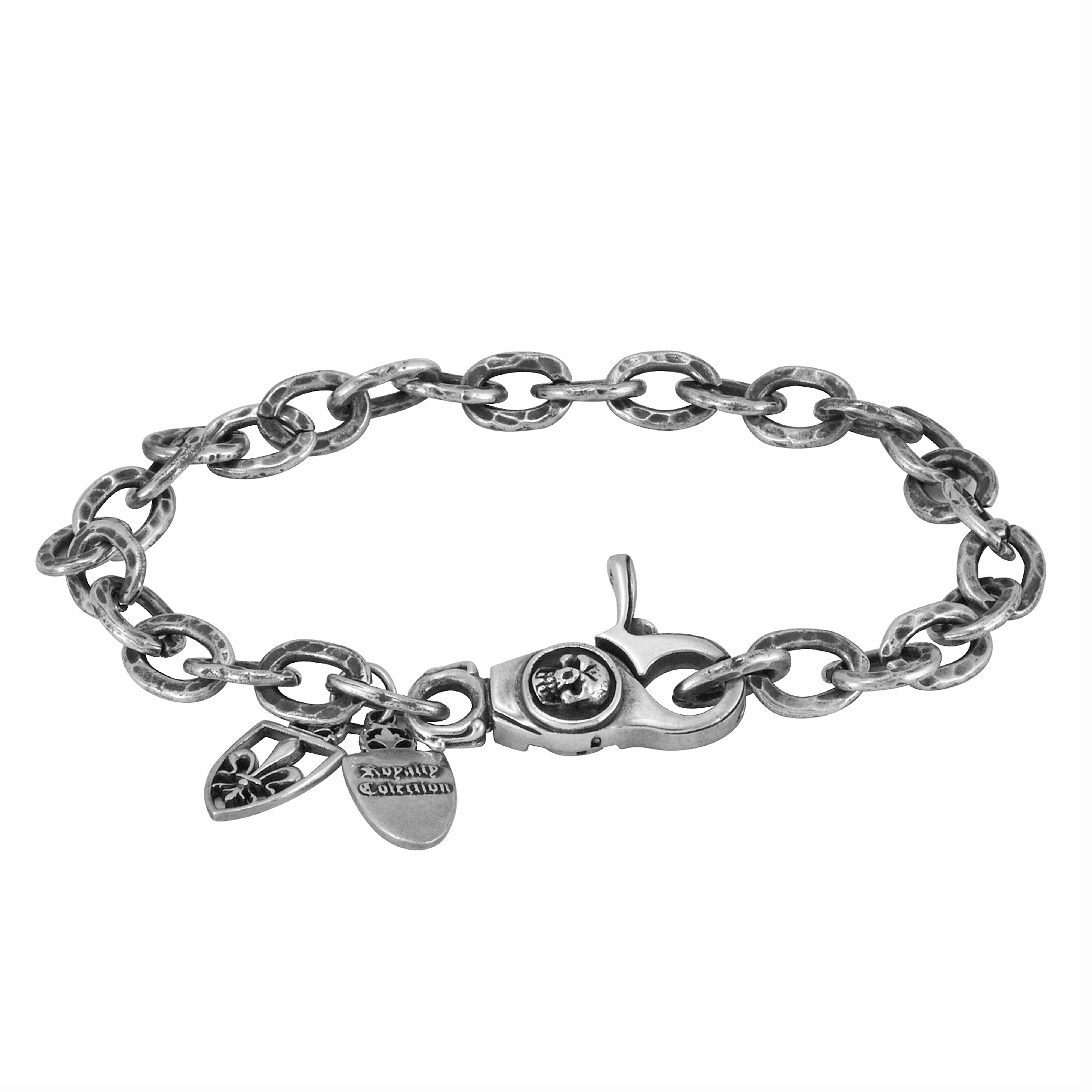 925 Sterling Silver Hammered Cable Chain Skull Lobster Clasp Men's Biker Bracelet - 8.5"