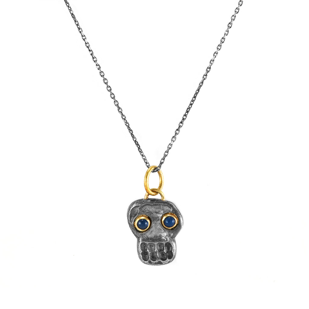 0.08ct Cabochon Sapphires in 925 Silver & 24K Gold Skull Pendant Neckl ...