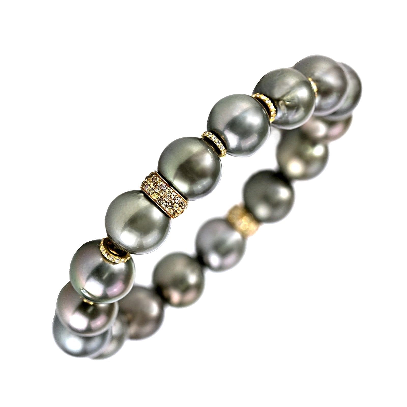 1.17ct Fancy Diamonds in Yellow Gold & Tahitian Pearls Stretch Bracelet 6.5"