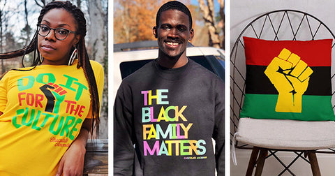 Female model wearing do it for the culture t-shirt, make model wearing the black family matters sweatshirt and the pan african flag w/Yellow Fist pillow 