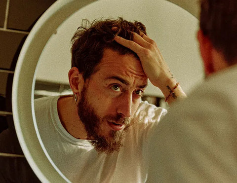 Blonde hair man with beard facing in the mirror