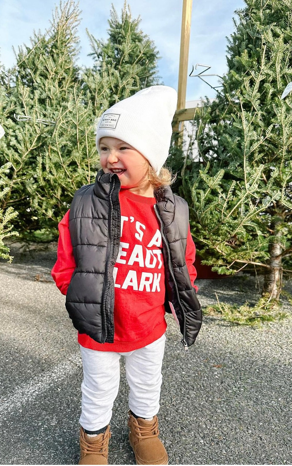 Toddler wearing binky bro beanie