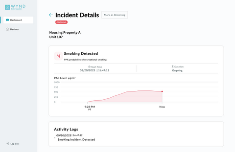 WYND Sentry Dashboard displaying a smoking incident