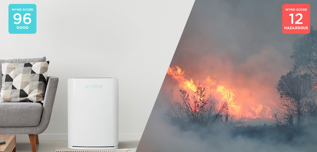 Image of WYND Max Room Purifier with good air quality and wildfire image with bad air quality