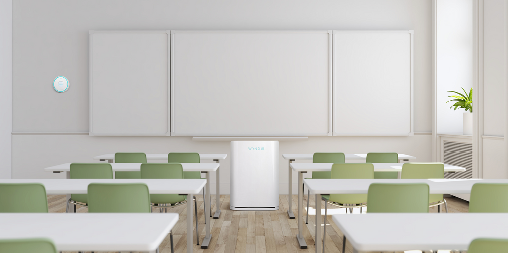 Image of classroom with good indoor air quality from WYND Purifiers and Halo Air Quality Monitor 