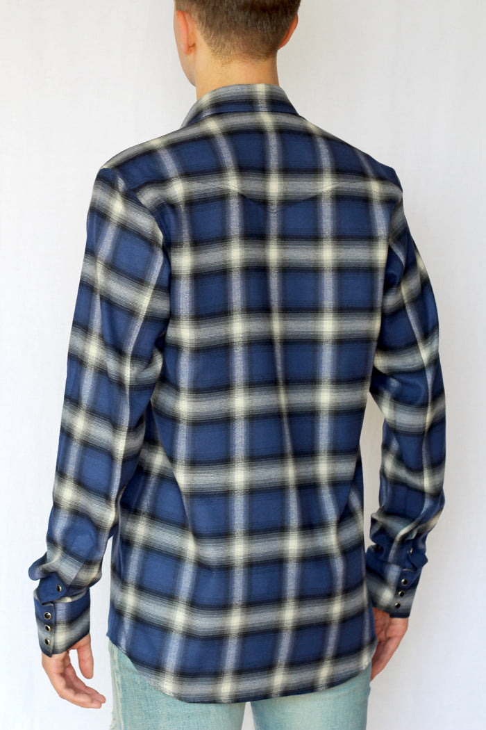 bleach distressed shadow plaid western shirt - klein blue/violet