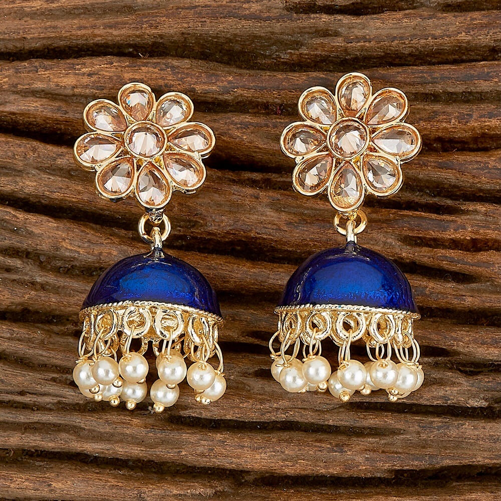 Flora Enamel, Stone & Pearls Small Jhumka Earrings - Blue – The ...