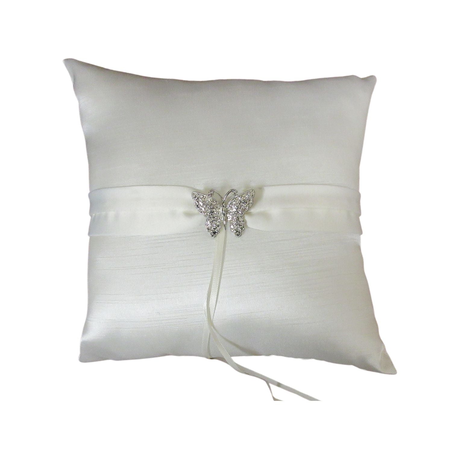 Paper Frenzy Pearly White Wedding Ring Bearer Pillow with Rhinestone Butterfly
