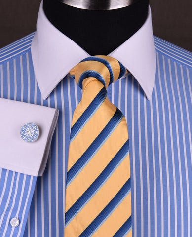 blue shirt white collar tie
